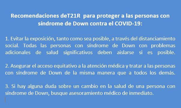 Recomendaciones deT21R para proteger a las personas con síndrome de Down contra el COVID-19